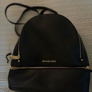 Michael Kors Black Leather Rhea Backpack with Gold Details